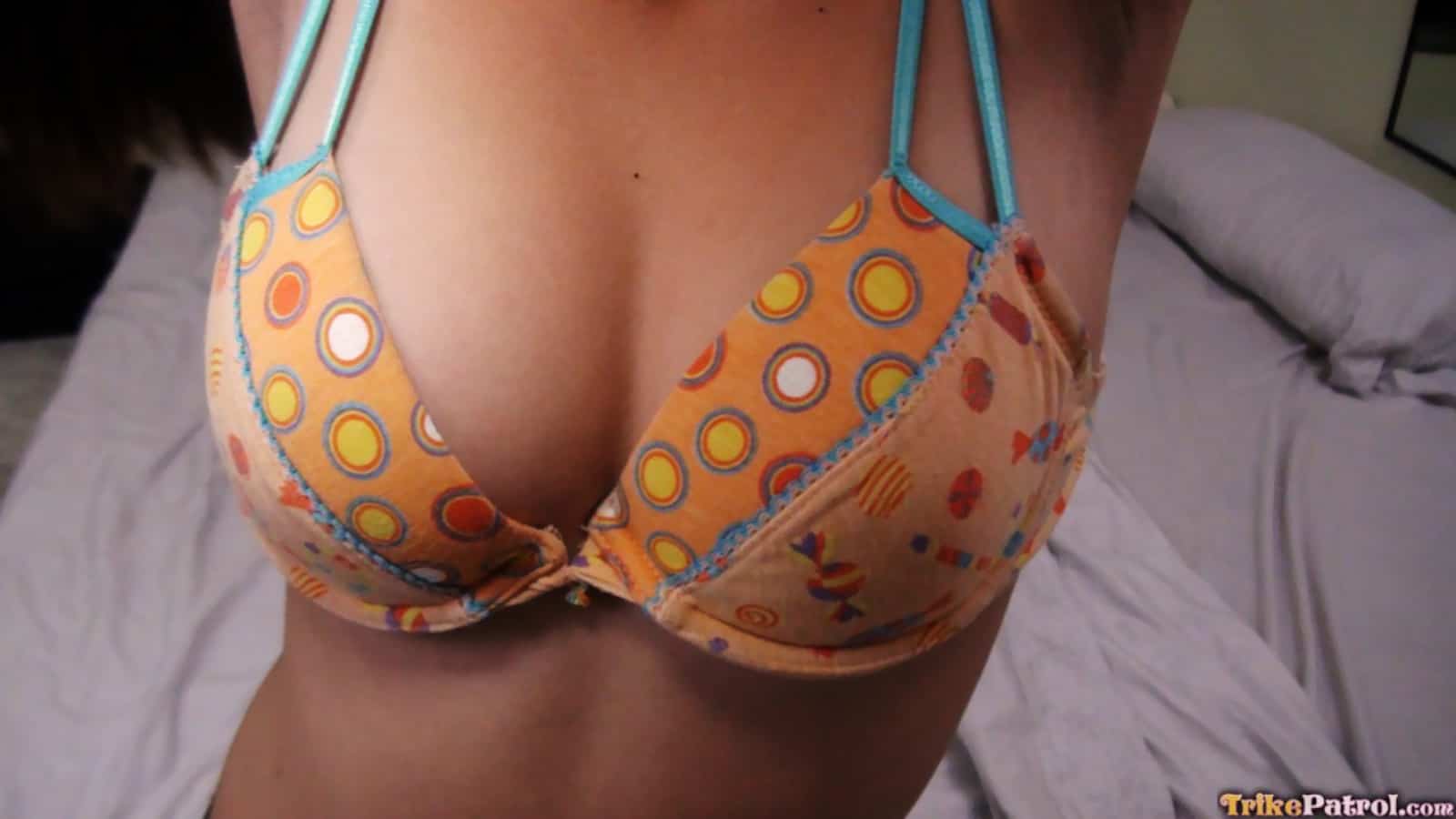 Showing bra and plump titties before Asian pussy creampie